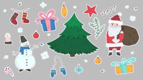 Cute stickers set of doodle Christmas elements. Cute big colorful stickers set of doodle Christmas elements including fir, Snowman, Santa Claus, giftboxes stock illustration Cute stickers set of doodle Christmas elements. Cute big colorful stickers set of doodle Christmas elements including fir, Snowman, Santa Claus, giftboxes stock illustration