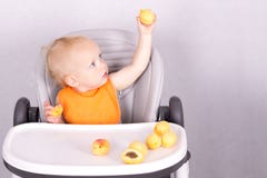 Cute Toddler Eating An Apricot In Baby Chair Against The Grey Background Royalty Free Stock Images