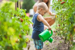 Cute toddler helphing mom in the garden stock images Cute toddler helphing mom in the garden stock images
