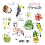 Tropical summer background with cute cartoon items