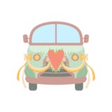 Cute Vintage Car Decorated with Heart, Flowers and Ribbons, Wedding Retro Van, Front View Vector Illustration stock illustration Cute Vintage Car Decorated with Heart, Flowers and Ribbons, Wedding Retro Van, Front View Vector Illustration stock illustration