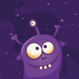 Cute violet alien with three eyes and three teeth - funny cartoon illustration