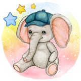 Cute watercolor baby boy elephant sitting with blue hat