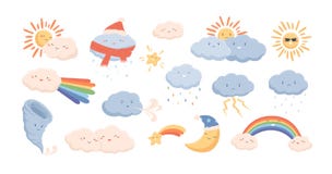 Cute weather phenomena - clouds, wind, rainbow, thunderstorm, tornado, snow, rain, sun and crescent moon. Adorable