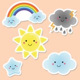 Cute weather and sky elements. Kawaii sun, rainbow, clouds. vector stickers for kids, isolated design elements. Children labels. vector illustration Cute weather and sky elements. Kawaii sun, rainbow, clouds. vector stickers for kids, isolated design elements. Children labels. vector illustration