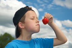 Cute young boy smells or tastes strawberry Stock Photography Cute young boy smells or tastes strawberry Stock Photography