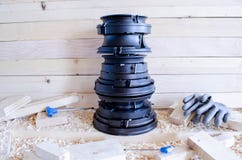 Cutters set for woodworking industry. Cutters for wood doors and windows. stock photos Cutters set for woodworking industry. Cutters for wood doors and windows. stock photos