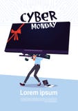 Cyber Poniedziałku sprzedaży plakat Z mężczyzna Trzyma Dużego Tv osocze Nad Białym tłem, szablonu sztandar Z Odbitkowym Astronaut ilustracji Cyber Poniedziałku sprzedaży plakat Z mężczyzna Trzyma Dużego Tv osocze Nad Białym tłem, szablonu sztandar Z Odbitkowym Astronaut ilustracji