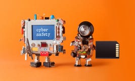 Cyber safety internet crime security concept. Alert message hacked computer. Robotic IT specialist memory card antivirus stock photography Cyber safety internet crime security concept. Alert message hacked computer. Robotic IT specialist memory card antivirus stock photography