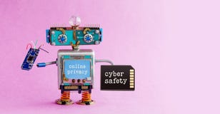 Cyber safety online privacy robotic concept. System administrator robot toy with memory card chip circuit. Steampunk royalty free stock photos Cyber safety online privacy robotic concept. System administrator robot toy with memory card chip circuit. Steampunk royalty free stock photos