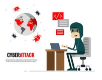 Cyberattackbegrepp En hacker som överför virusattack världen stock illustrationer Cyberattackbegrepp En hacker som överför virusattack världen stock illustrationer