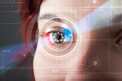 Cyberkvinna med technolgy se för öga stock illustrationer Cyberkvinna med technolgy se för öga stock illustrationer