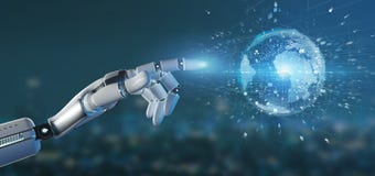 Cyborg hand holding a Connection around a world globe 3d rendering royalty free stock images Cyborg hand holding a Connection around a world globe 3d rendering royalty free stock images