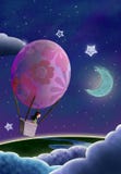 Cyfrowa ilustracja dziewczyna unosi się w gorące powietrze balonie przy nocą nad chmury i ziemia ilustracja wektor Cyfrowa ilustracja dziewczyna unosi się w gorące powietrze balonie przy nocą nad chmury i ziemia ilustracja wektor