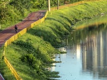Cyklist på cykelgränd nära av den Pinheiros floden, västra sida av Sao Paulo royaltyfria bilder Cyklist på cykelgränd nära av den Pinheiros floden, västra sida av Sao Paulo royaltyfria bilder