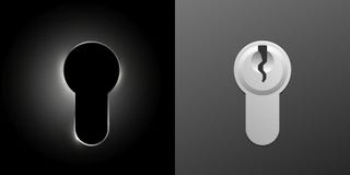 Cylinders of the lock. In two forms, in a realistic style and in the form of a silhouette with glare on a black background. stock illustration Cylinders of the lock. In two forms, in a realistic style and in the form of a silhouette with glare on a black background. stock illustration