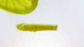 Cytryna plasterka owocowego pluśnięcia spada puszek w białego alkoholu koktajl, wodę pije szkło i, strzał w zwolnionym tempie na zbiory Cytryna plasterka owocowego pluśnięcia spada puszek w białego alkoholu koktajl, wodę pije szkło i, strzał w zwolnionym tempie na zbiory