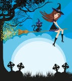 Czarownicy latanie na miotle w blasku księżyca - rama ilustracji Czarownicy latanie na miotle w blasku księżyca - rama ilustracji