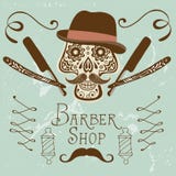 Czaszka z wąsy i kapeluszem Retro stylowa ręka rysować grafika dla fryzjera męskiego sklepu emblemata ilustracji Czaszka z wąsy i kapeluszem Retro stylowa ręka rysować grafika dla fryzjera męskiego sklepu emblemata ilustracji
