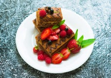 Czekoladowy gąbka tort z kremowymi i świeżymi jagodami Lato deser na textured szarym tle Zako?czenie zdjęcie royalty free Czekoladowy gąbka tort z kremowymi i świeżymi jagodami Lato deser na textured szarym tle Zako?czenie zdjęcie royalty free
