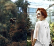 Czerwona w?osiana dziewczyna w glasshouse kola?u zdjęcia stock Czerwona w?osiana dziewczyna w glasshouse kola?u zdjęcia stock