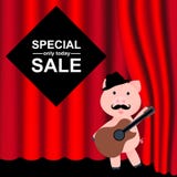 Czerwone zasłony i draperie Kreskówki świnia z kapeluszem i gitarą Tło dla specjalnej sprzedaży Oferta specjalna wewnątrz royalty ilustracja Czerwone zasłony i draperie Kreskówki świnia z kapeluszem i gitarą Tło dla specjalnej sprzedaży Oferta specjalna wewnątrz royalty ilustracja