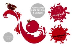 Czerwony granatowiec z ziarnami na soków pluśnięciach Organicznie owoc przylepia etykietkę etykietki i granatowa soku tekst royalty ilustracja Czerwony granatowiec z ziarnami na soków pluśnięciach Organicznie owoc przylepia etykietkę etykietki i granatowa soku tekst royalty ilustracja
