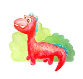 Czerwony miły szczęśliwy dinosaur blisko krzaków odizolowywających na białym tle ilustracji Czerwony miły szczęśliwy dinosaur blisko krzaków odizolowywających na białym tle ilustracji