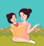 Czytelnicza książka przy ogrodową mamą i nią dzieciaka plenerowy dzieciństwo ilustracja wektor Czytelnicza książka przy ogrodową mamą i nią dzieciaka plenerowy dzieciństwo ilustracja wektor