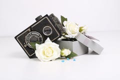 Cámara y flores y caja viejas fotografía de archivo libre de regalías Cámara y flores y caja viejas fotografía de archivo libre de regalías