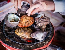 Cáscaras asadas a la parrilla del mar, Ehime, Hiroshima, Japón Imagen de archivo Cáscaras asadas a la parrilla del mar, Ehime, Hiroshima, Japón Imagen de archivo