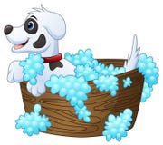 Cão pequeno bonito que toma um banho em um fundo branco ilustração royalty free Cão pequeno bonito que toma um banho em um fundo branco ilustração royalty free