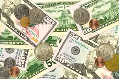 Cédulas e moedas do dólar de alguns Estados Unidos fotos de stock Cédulas e moedas do dólar de alguns Estados Unidos fotos de stock