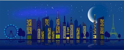 Céu na cidade na noite com a lua e as estrelas ilustração royalty free Céu na cidade na noite com a lua e as estrelas ilustração royalty free