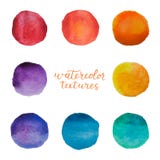 Círculos coloridos da aquarela ajustados Manchas do Watercolour no fundo branco Elementos dos às bolinhas do arco-íris Ilustração ilustração royalty free Círculos coloridos da aquarela ajustados Manchas do Watercolour no fundo branco Elementos dos às bolinhas do arco-íris Ilustração ilustração royalty free