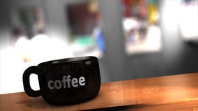 3d animation hot coffee cup in the morning, office.