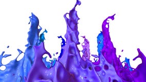 3d animation of paint splashes on a musical speaker that play music. 3d splashes of liquid. Paint bounce in 4k on white