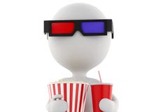 3d biały człowiek z 3d napój i popkorn biali szkłami, royalty ilustracja 3d biały człowiek z 3d napój i popkorn biali szkłami, royalty ilustracja