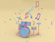 blue-pink radio drum set with many music note,key sol cartoon style soft yellow minimal background 3d render royalty free illustration blue-pink radio drum set with many music note,key sol cartoon style soft yellow minimal background 3d render royalty free illustration
