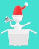 3d caráter, homem que sai da caixa de presente que veste o tampão do xmas e que guarda o megafone ilustração royalty free 3d caráter, homem que sai da caixa de presente que veste o tampão do xmas e que guarda o megafone ilustração royalty free