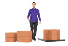 3d character , woman and stack of cardboard boxes vector illustration 3d character , woman and stack of cardboard boxes vector illustration