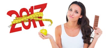 3D Composite image of pretty brunette deciding between apple and chocolate stock photos 3D Composite image of pretty brunette deciding between apple and chocolate stock photos