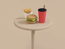 Fast food cartoon style hamburger set on table with red cup french fries 3d rendering royalty free illustration Fast food cartoon style hamburger set on table with red cup french fries 3d rendering royalty free illustration
