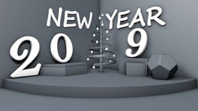 3D illustratie van een ruimte met een symbool van het Nieuwe jaar, 2019 Voorwerpen op de cijfers en een stilistische Kerstboom in stock illustratie 3D illustratie van een ruimte met een symbool van het Nieuwe jaar, 2019 Voorwerpen op de cijfers en een stilistische Kerstboom in stock illustratie