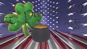 A clover with a pot of gold. Symbols for Saint Patricks day isolated against a flag of America stock illustration A clover with a pot of gold. Symbols for Saint Patricks day isolated against a flag of America stock illustration