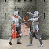 3D Illustration of two medieval knights in battle in front of castle royalty free illustration 3D Illustration of two medieval knights in battle in front of castle royalty free illustration