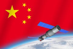 3D model of China`s Tiangong-1 space station orbiting the planet Earth with the flag of China in the background royalty free illustration 3D model of China`s Tiangong-1 space station orbiting the planet Earth with the flag of China in the background royalty free illustration