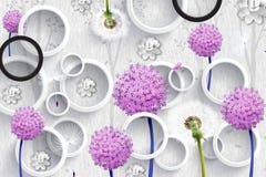 3d mural wallpaper abstract with gray and black circles and purple pink flowers . silhouettes of dandelions pattern on decorative
