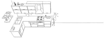 3d nakreślenia rysunek nowożytny kuchenny wnętrze na długiego tła odgórnym widoku ilustracji 3d nakreślenia rysunek nowożytny kuchenny wnętrze na długiego tła odgórnym widoku ilustracji