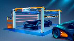3d prototyping and 3d printing of a car, automobiles at a large industrial 3d printer. Automobile manufacturing. stock illustration 3d prototyping and 3d printing of a car, automobiles at a large industrial 3d printer. Automobile manufacturing. stock illustration